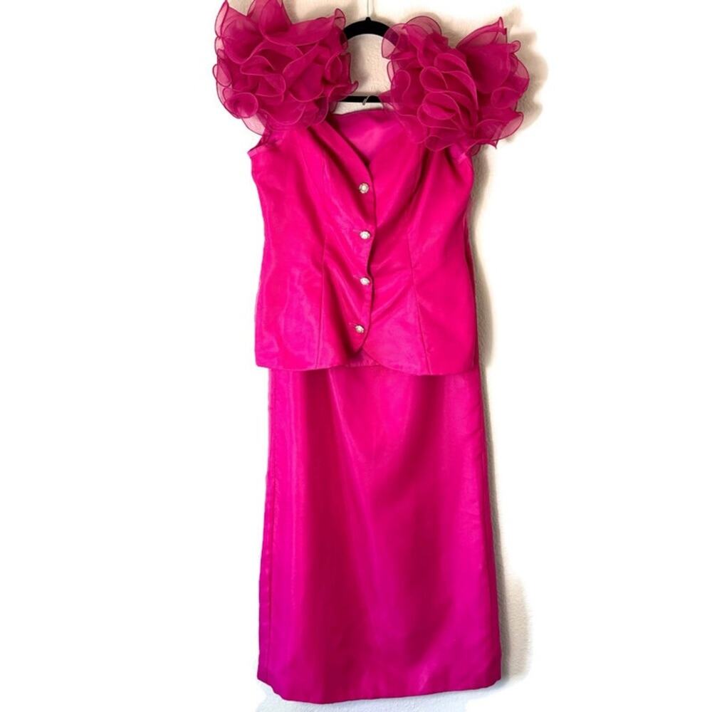 Vintage 80s Hot Pink Barbie Ruffled Sleeve 2 Piece Skirt Set Size Medium/8